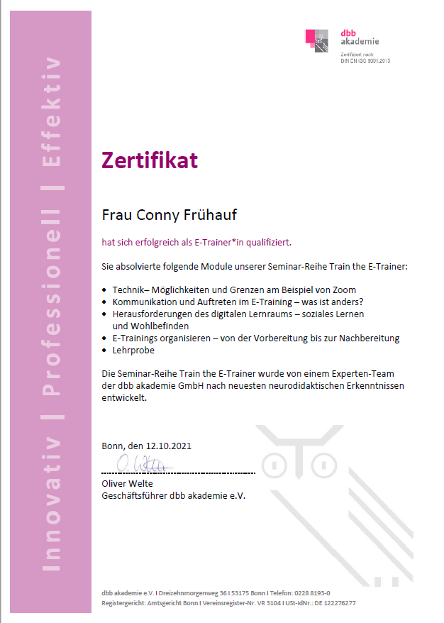 Online Fortbildung Zertifikat Conny Frühauf E-Trainerin